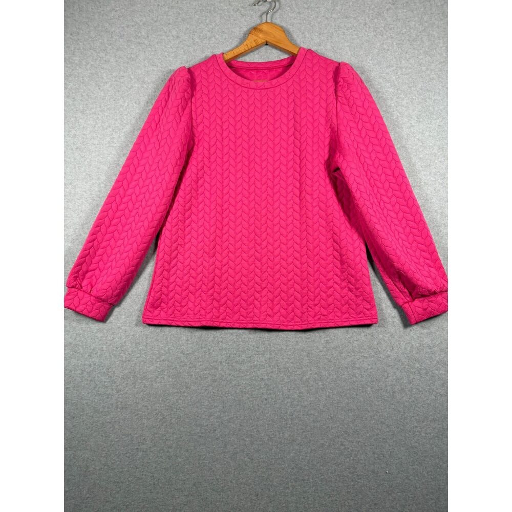 Women's L Hot Pink Textured Puff Sleeve Stretch Pullover Top Barbiecore 0709